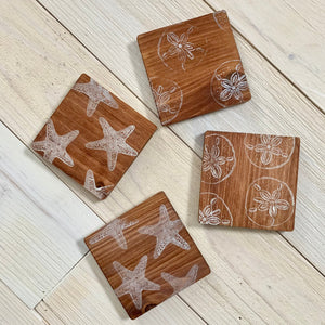 Ocean Stained + Stamped Wood Coaster Set