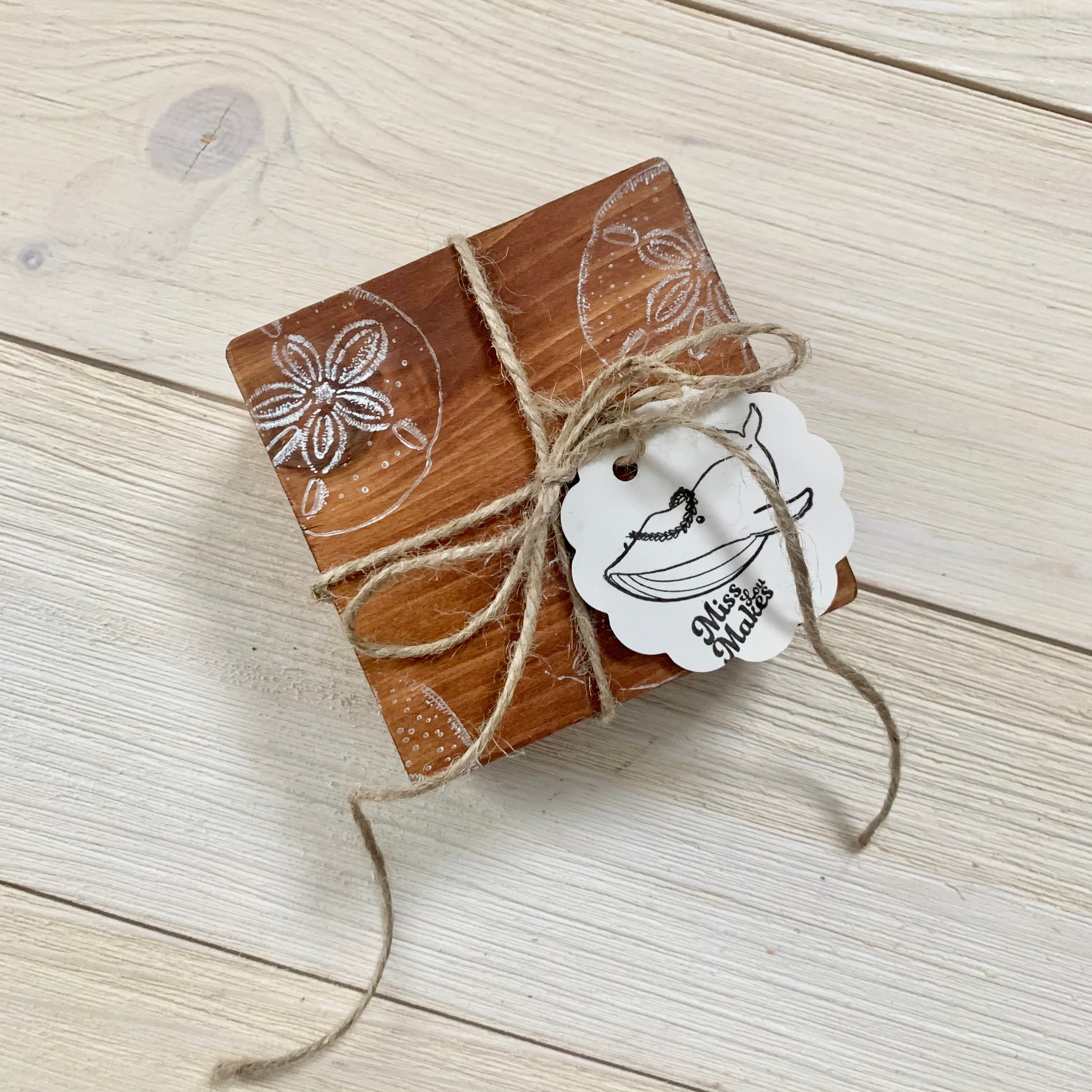 Ocean Stained + Stamped Wood Coaster Set